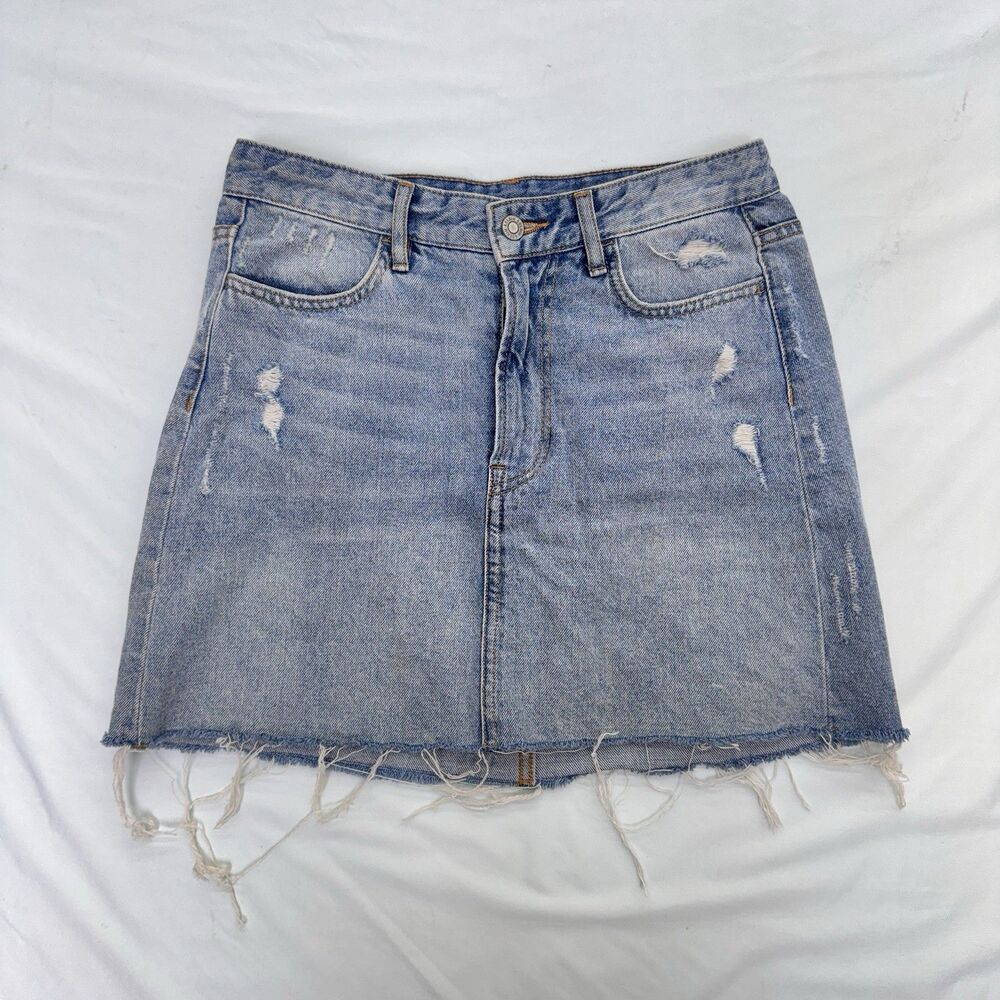 H & M Skirt Womens 6P Denim Jean Distressed Raw Hem Pockets Modest Petite